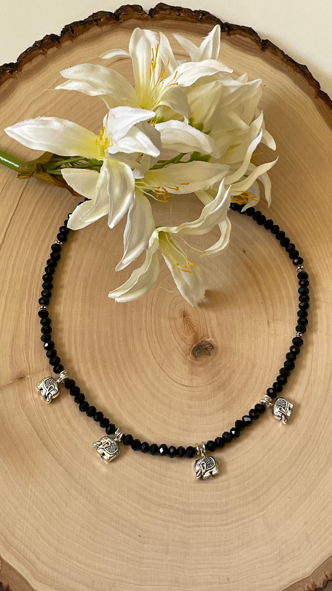 Black Onyx And Silver Elephant Charm Choker Necklace