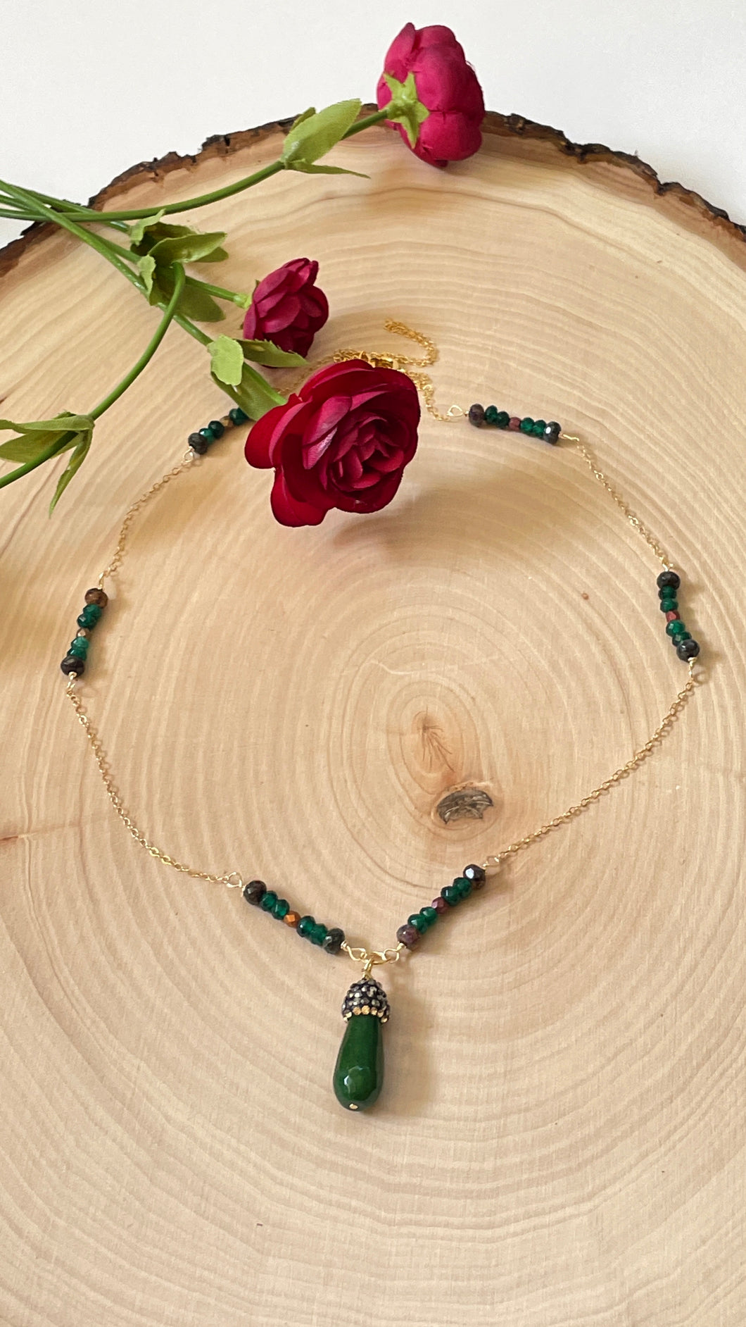 Genuine Emerald Gemstone Teardrop Pendant Long Necklace