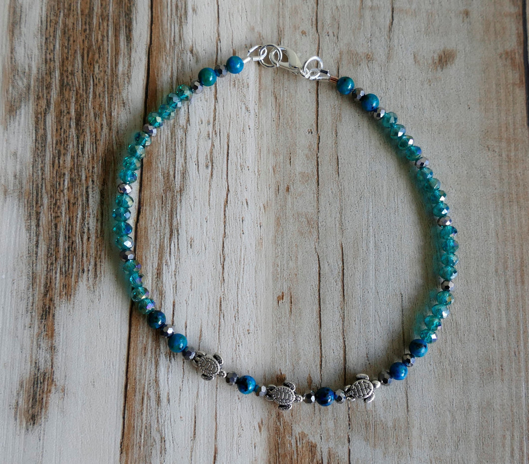 Beaded Anklet With Turtle And Aqua Beads