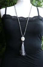 Load image into Gallery viewer, Grey Lace Agate Gemstone Tasseled Mala Necklace
