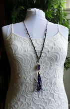 Load image into Gallery viewer, Long Tassel Necklace With Gold Plated Purple Druzy Pendant
