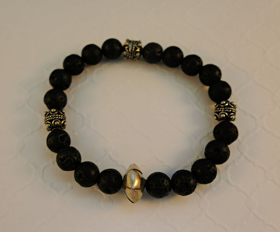 Beaded Unisex Bracelet With Lava Stone And Silver Beads