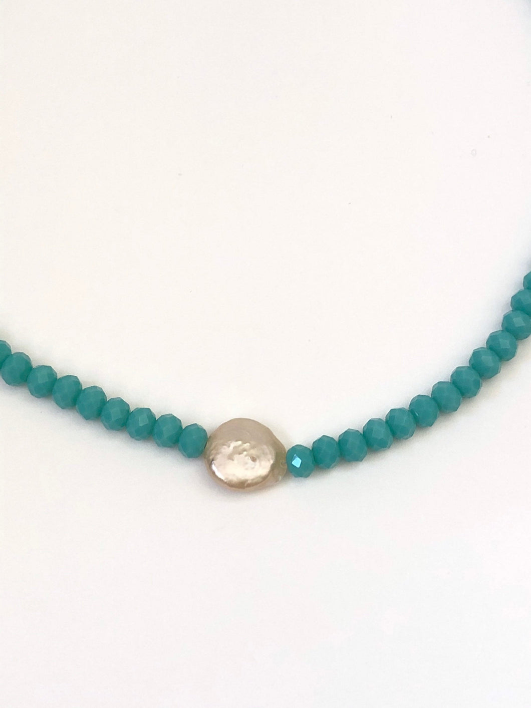 Sand Dollar Pearl Choker Necklace With Aqua Beads