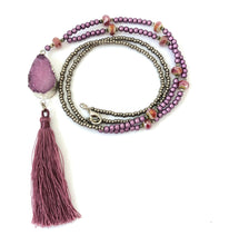 Load image into Gallery viewer, Beaded Statement Tassel Necklace With Rose Pink Druzy Pendant
