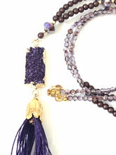 Load image into Gallery viewer, Long Tassel Necklace With Gold Plated Purple Druzy Pendant
