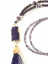 Load image into Gallery viewer, Long Tassel Necklace With Gold Plated Purple Druzy Pendant
