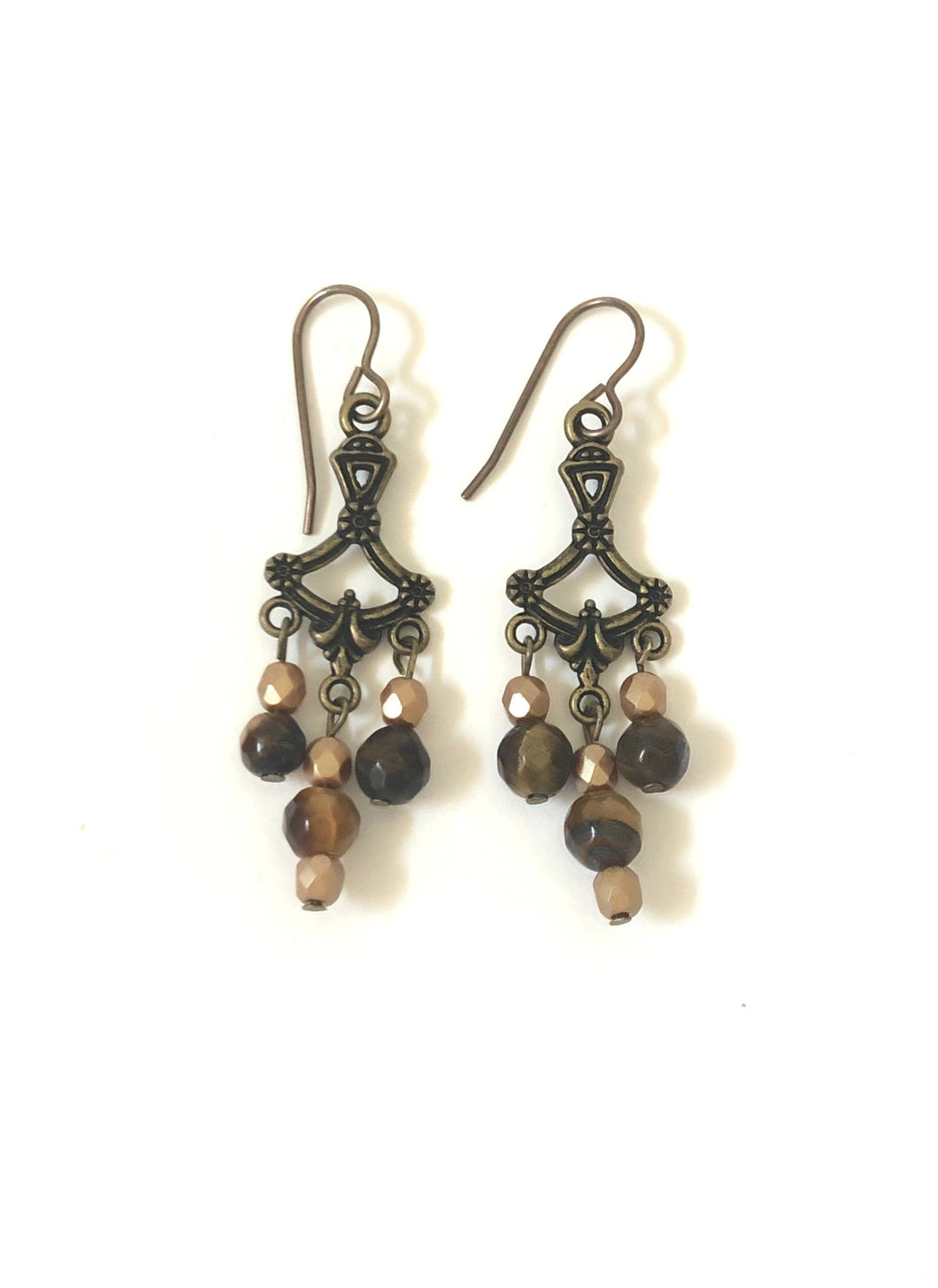 Vintage Chandelier Earrings Antique Brass And Tiger Eye Beads