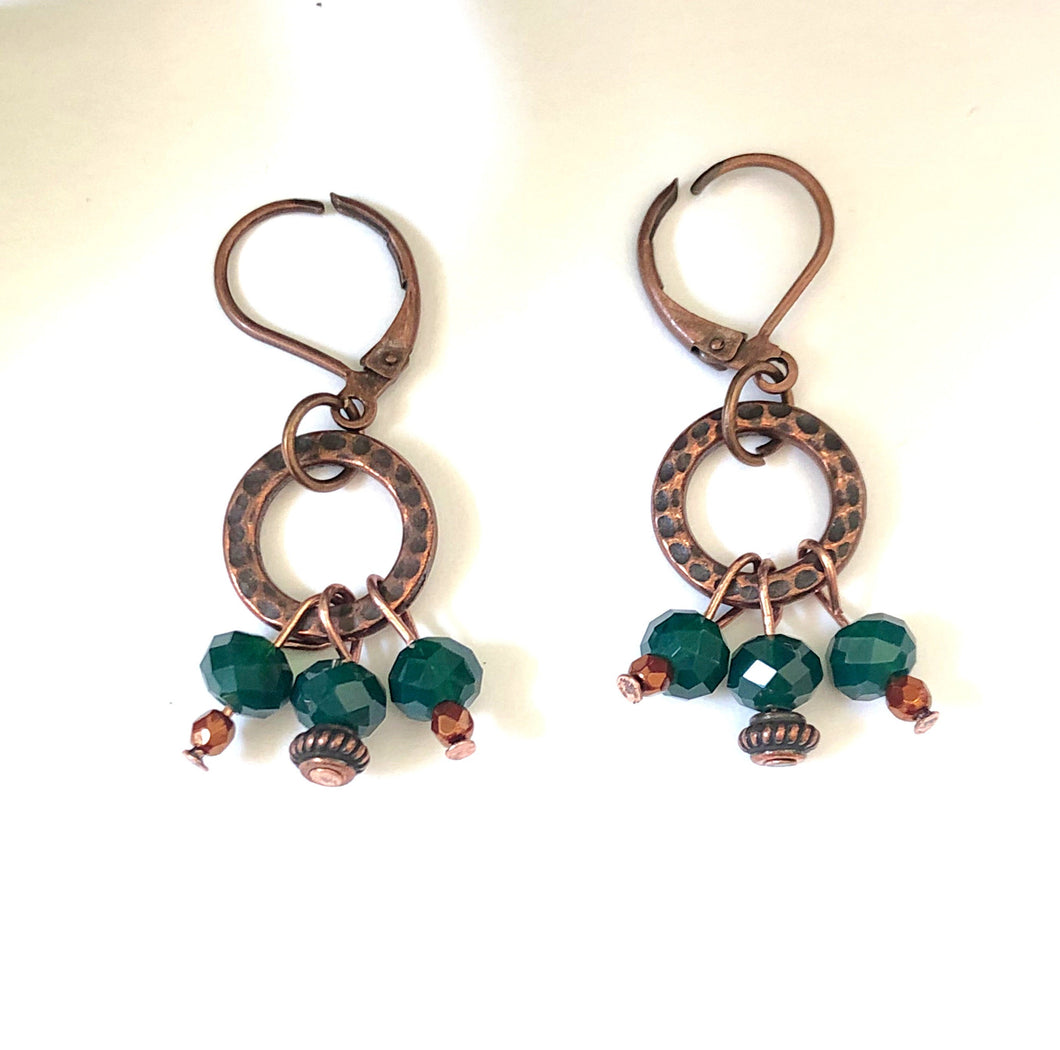 Copper And Green Crystal Beaded Dangle Earrings