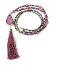 Load image into Gallery viewer, Beaded Statement Tassel Necklace With Rose Pink Druzy Pendant
