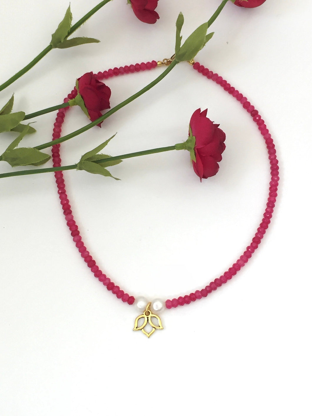 Ruby Choker Necklace With Genuine Pearls And Gold Lotus Charm
