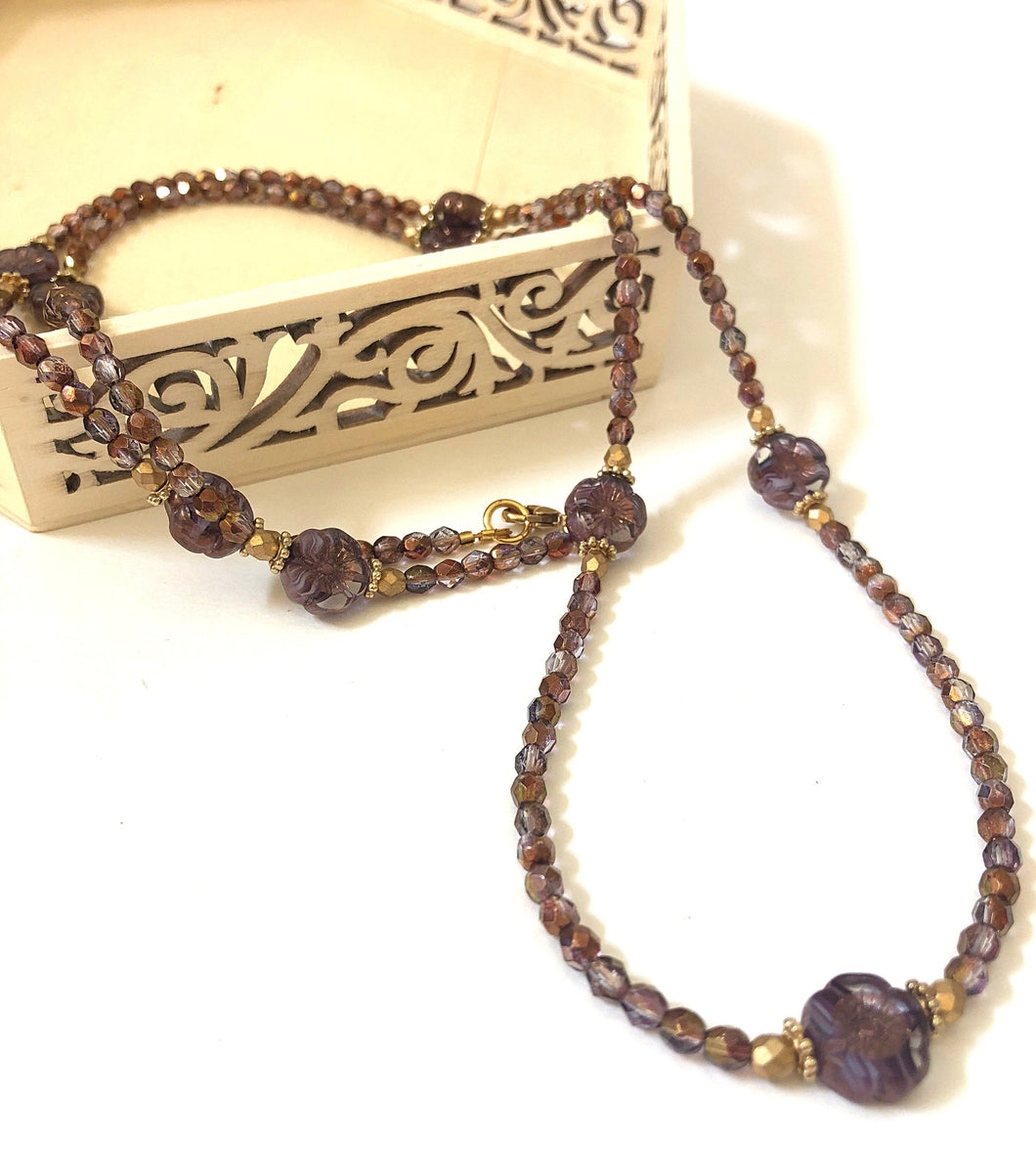 Long Crystal Necklace In Purple And Gold Floral Beads