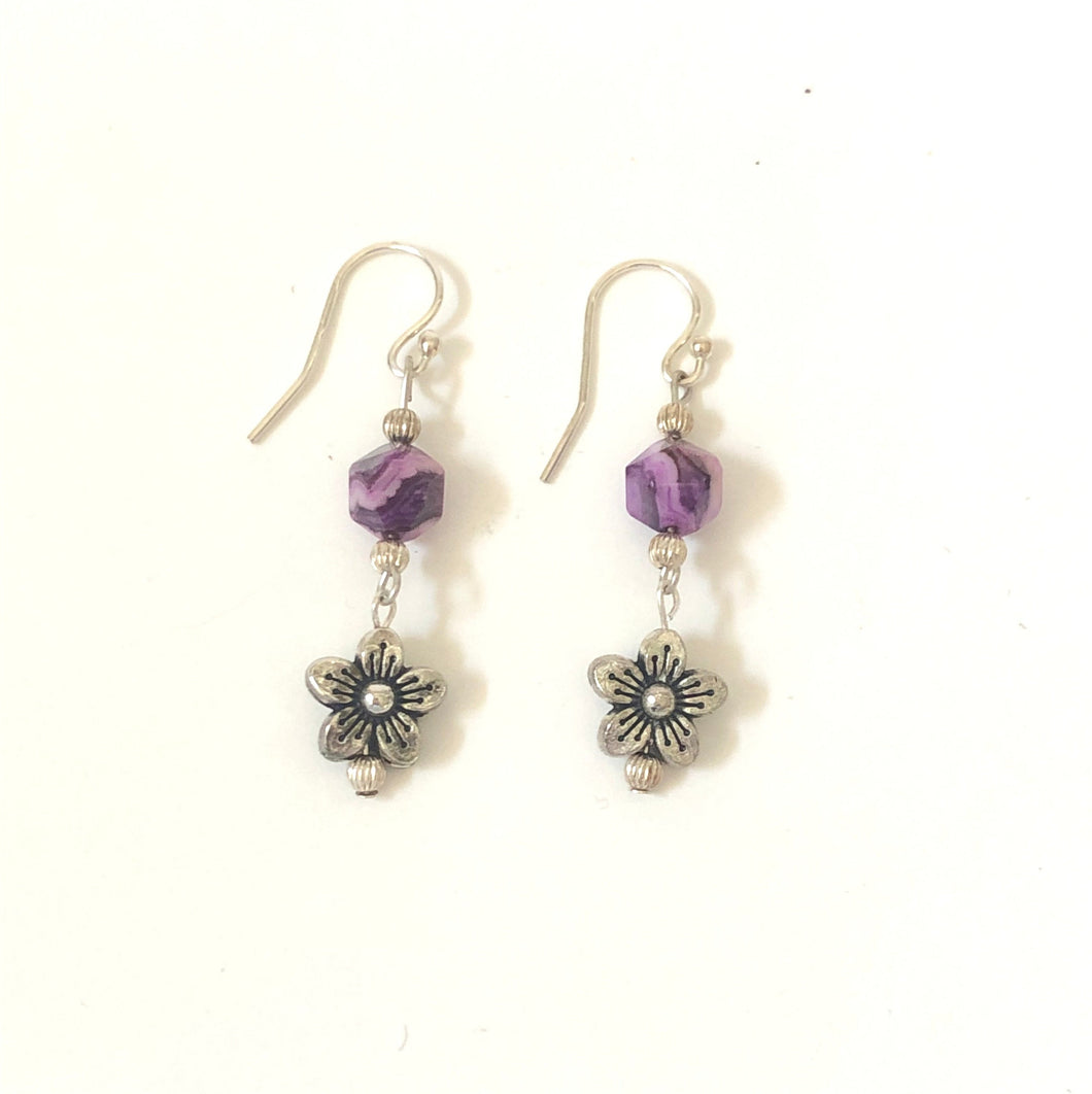 Purple Star Cut Agate Gemstone Dangle Ear Rings