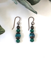 Load image into Gallery viewer, Antique Brass And Turquoise Crystal Dangle Earrings
