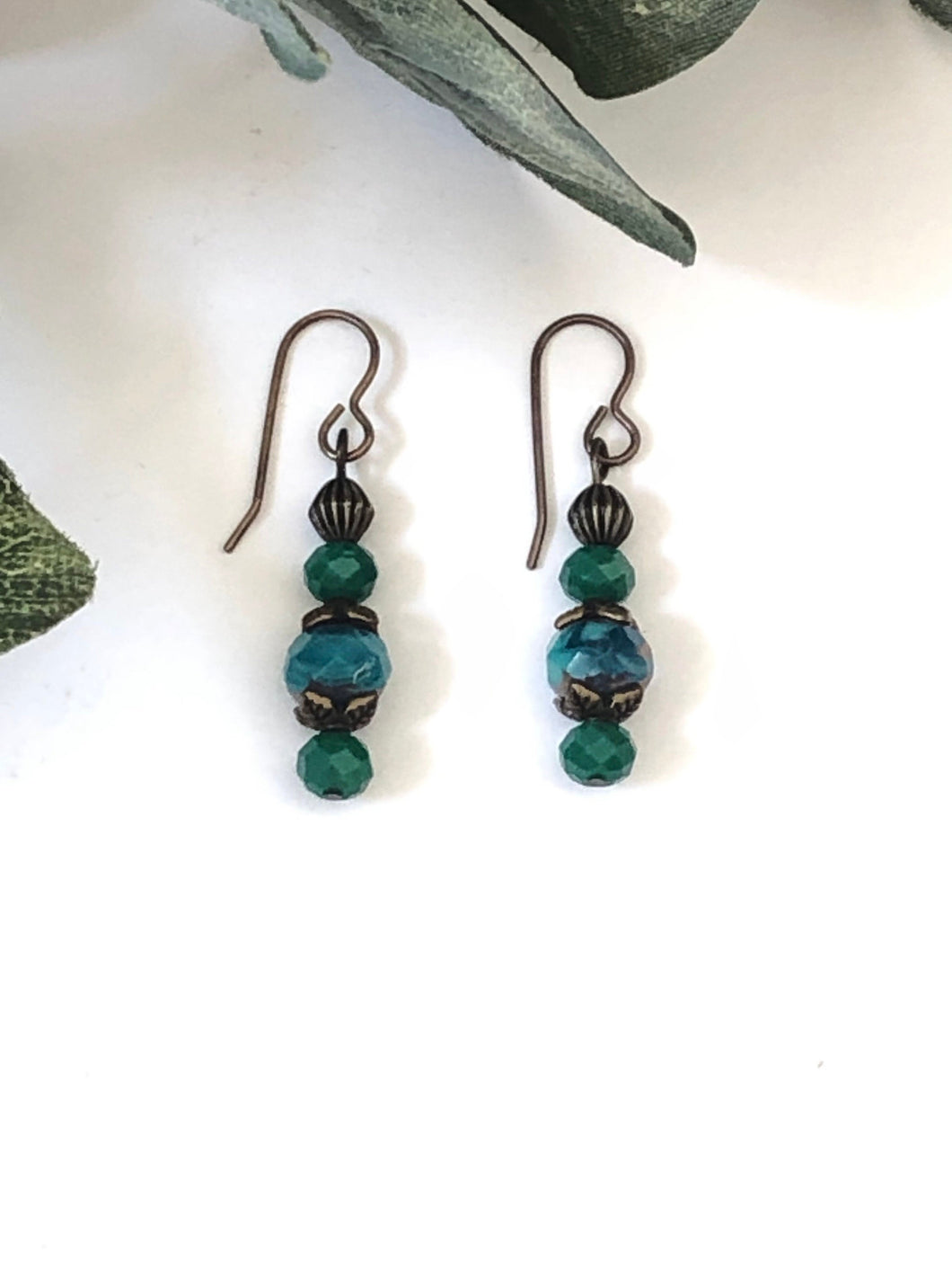 Antique Brass And Turquoise Crystal Dangle Earrings
