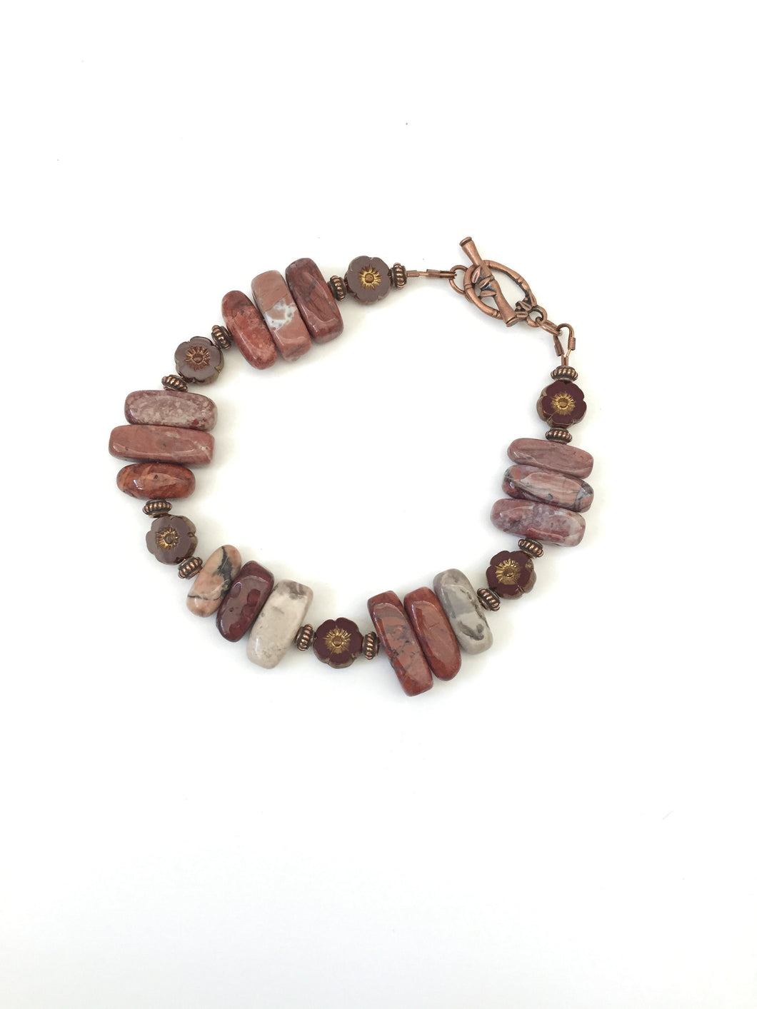 Red And Brown Jasper Gemstone Bracelet With Copper Toggle Clasp