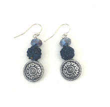 Load image into Gallery viewer, Dangle Ear Rings With Navy Blue Pave And Antique Silver Beads

