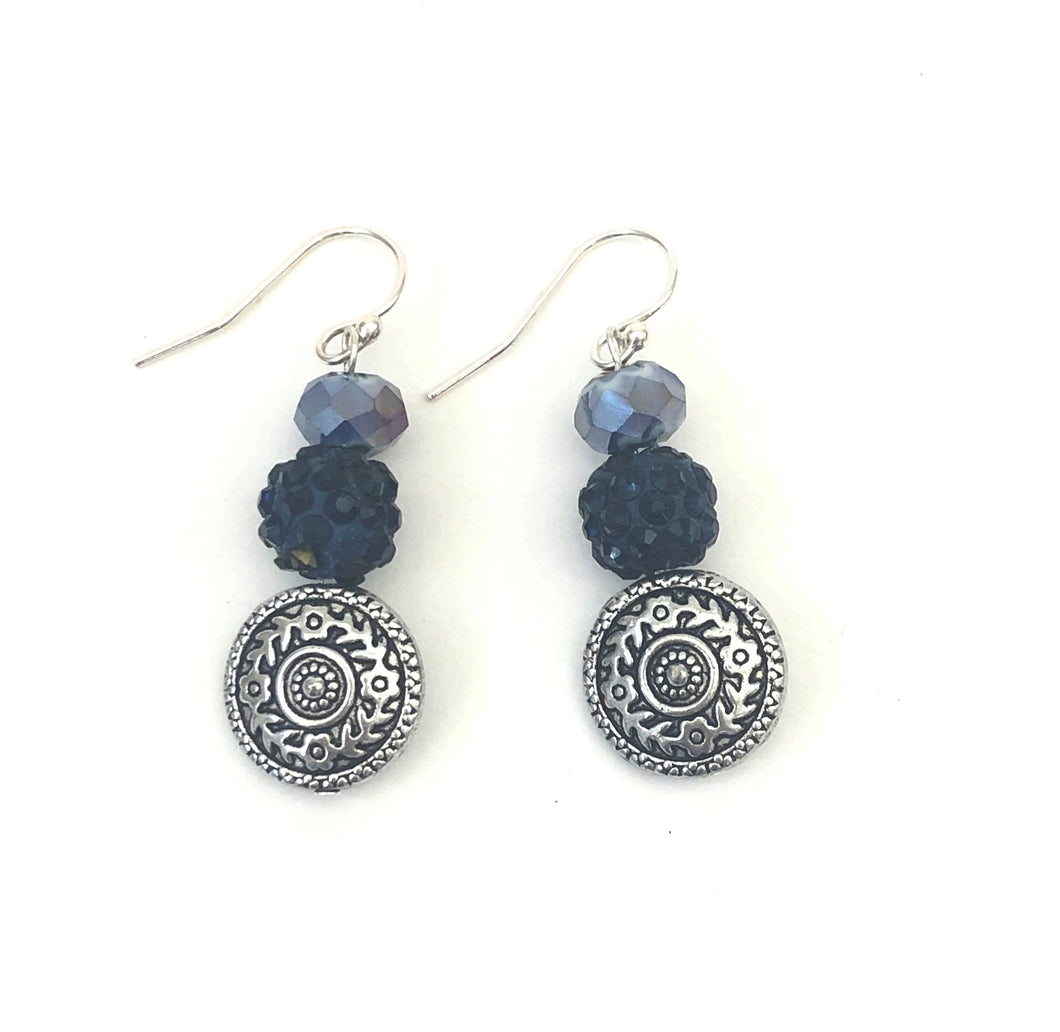 Dangle Ear Rings With Navy Blue Pave And Antique Silver Beads