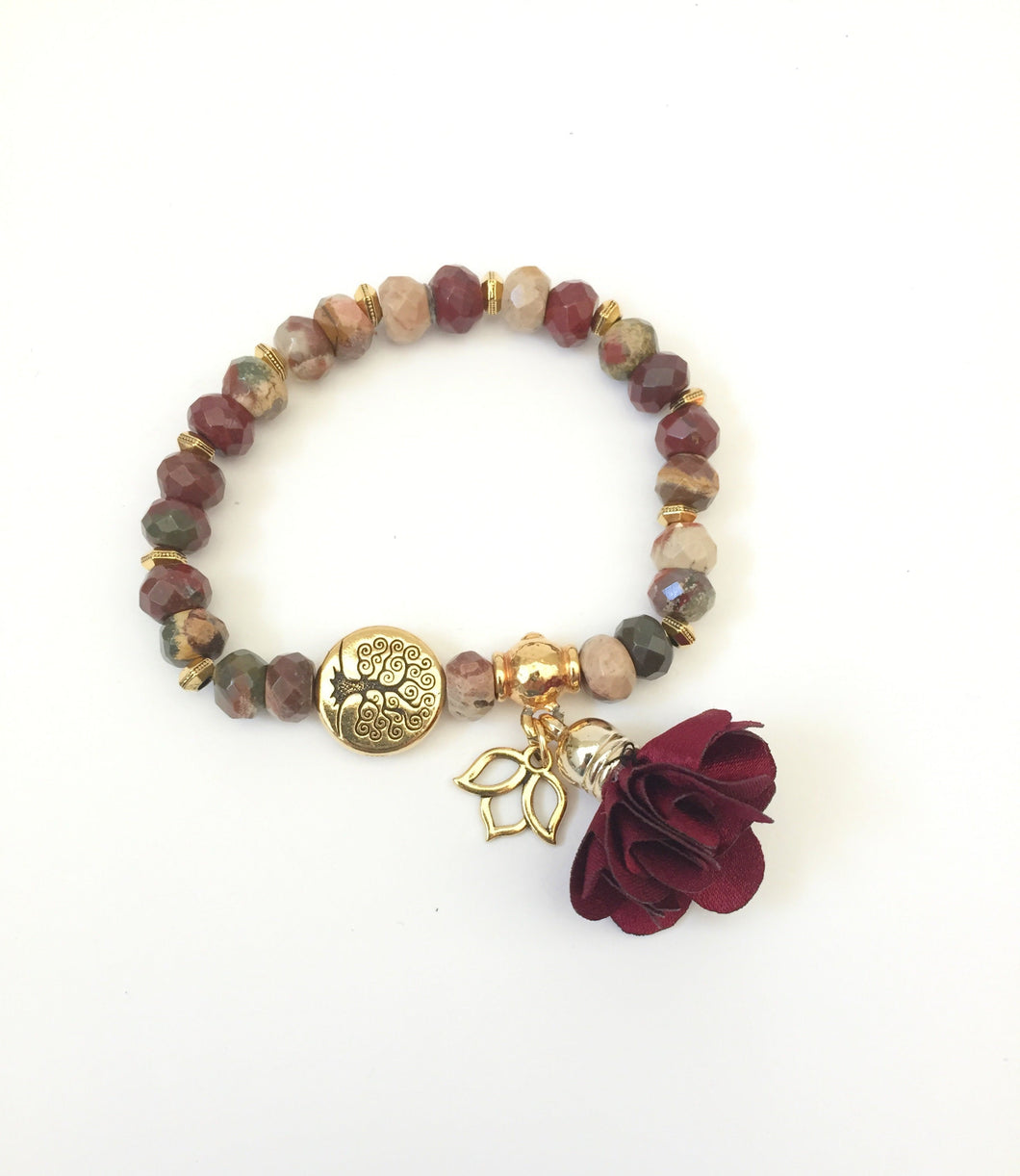 Beaded Jasper Gemstone Stretch Bracelet With Tree Of Life And Lotus Charm And Tassel