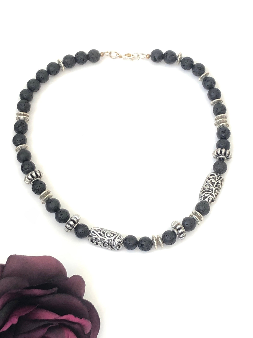 Black Lava And Silver Plated Beaded Choker Necklace