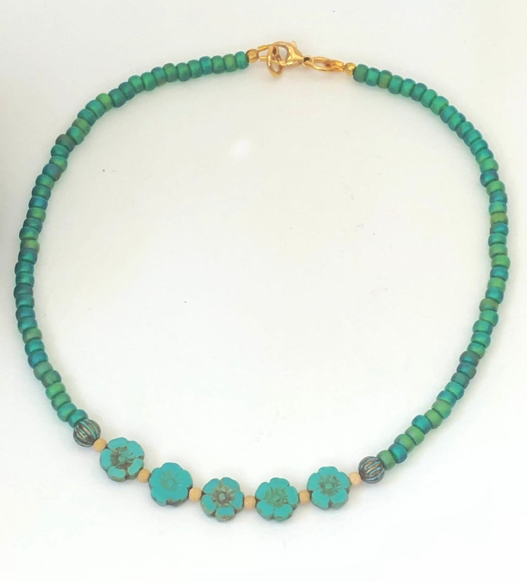 Aqua Glass Beads Beaded Choker Necklace
