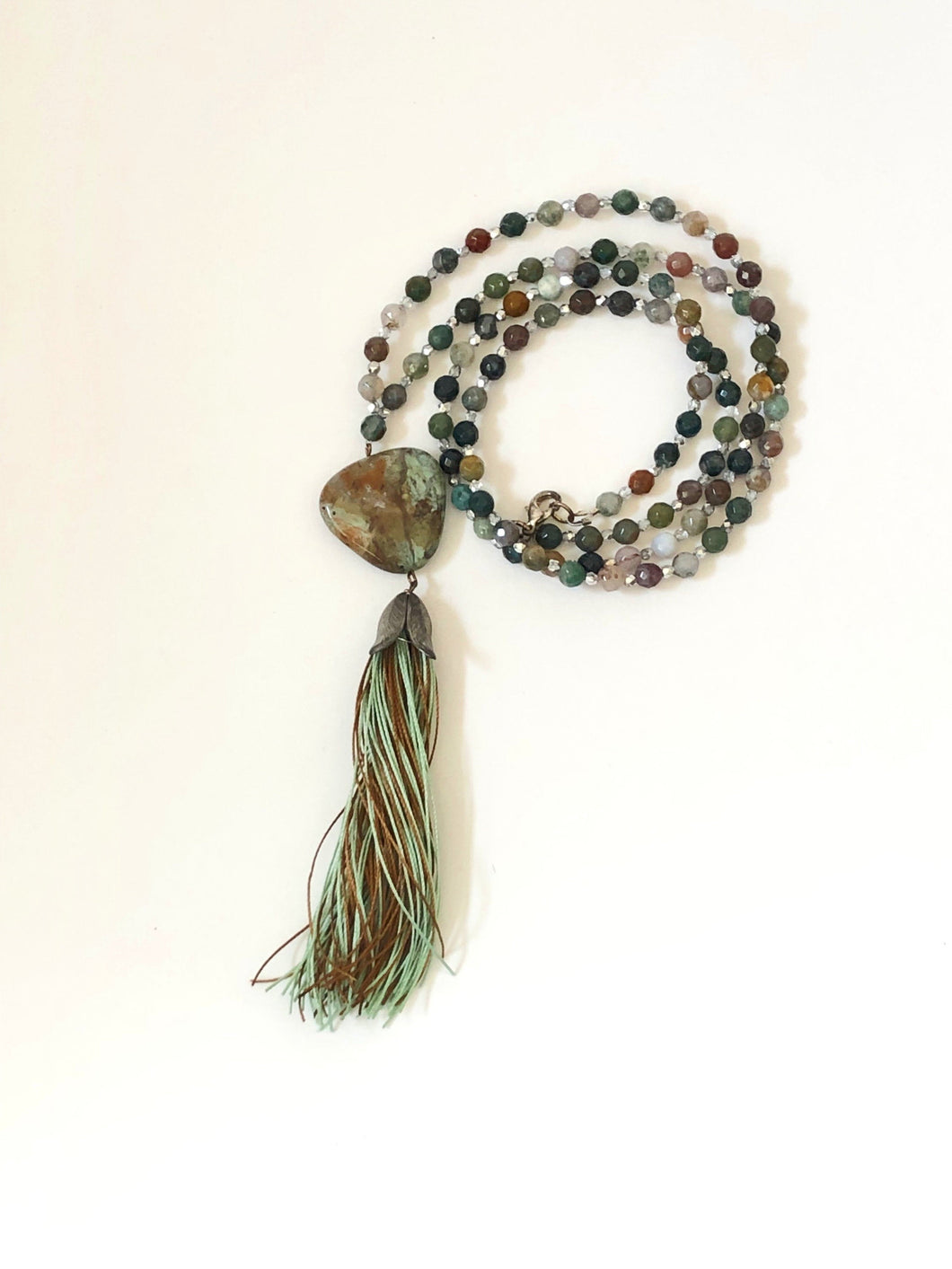 Gemstone Tasseled Mala Necklace With Beaded Jasper Beads And Opal Pendant