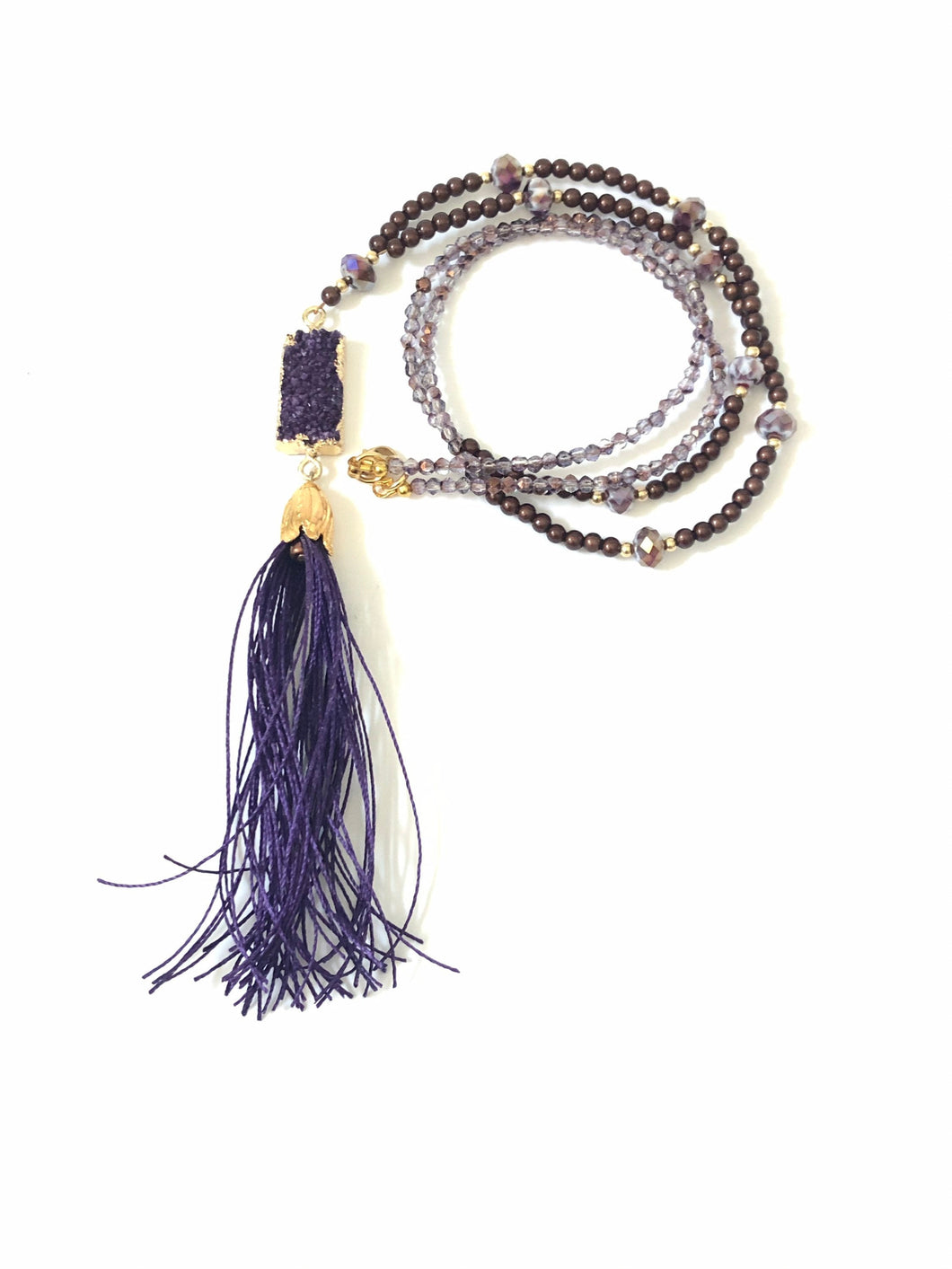 Long Tassel Necklace With Gold Plated Purple Druzy Pendant