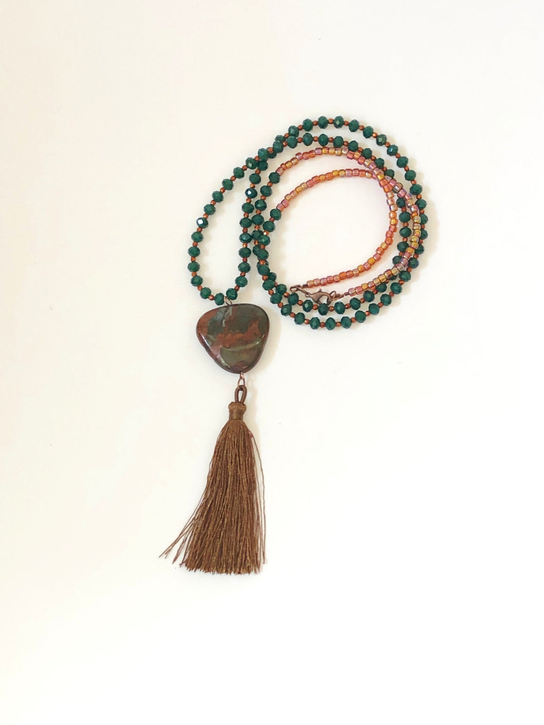Long green opal gemstone tassel necklace
